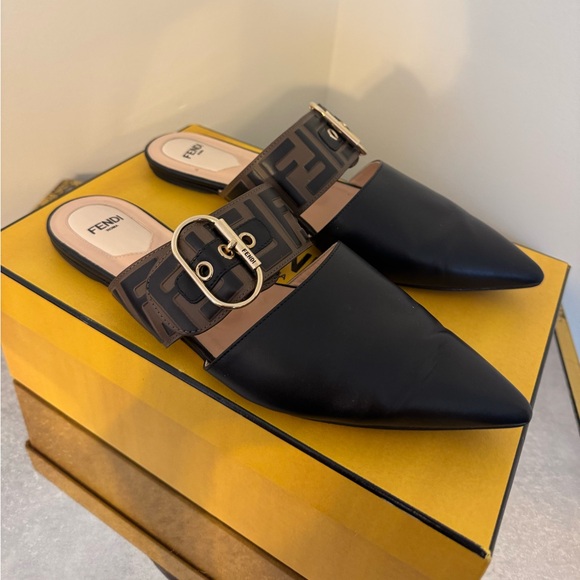 Fendi Black and Tan Leather Mules with Gold Buckle - Picture 2 of 8